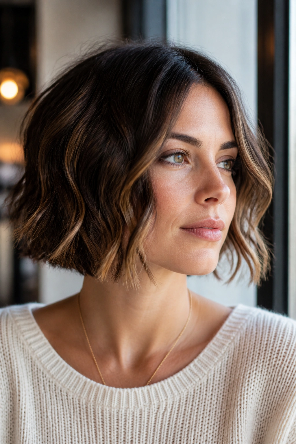 Close-up of a woman with a wavy bob and piecey ends framing the jaw