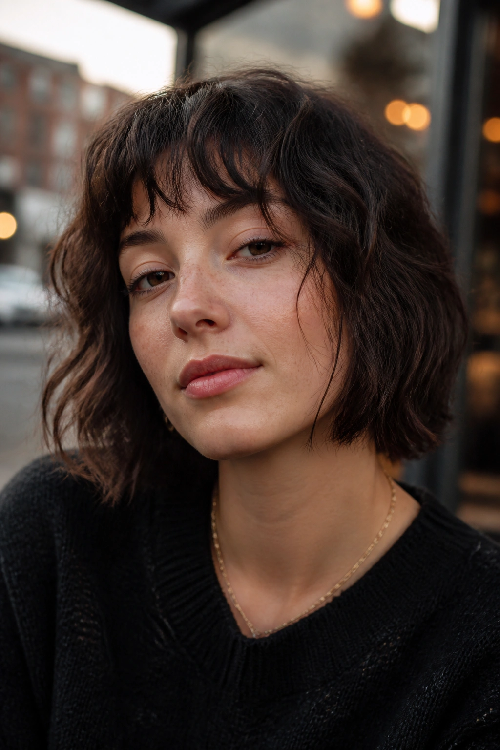 Close-up of a real woman with a wavy bob and piecey fringe on a street cafe