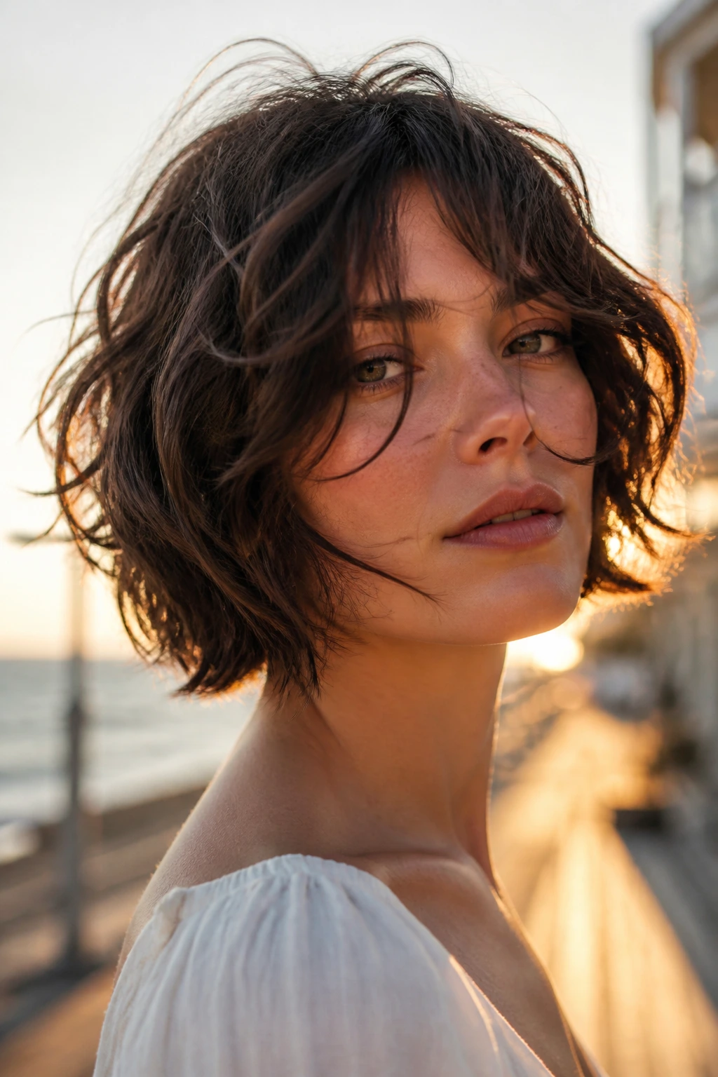 Portrait of a real woman with a wavy bob and deep point-cut layers on a seaside boardwalk