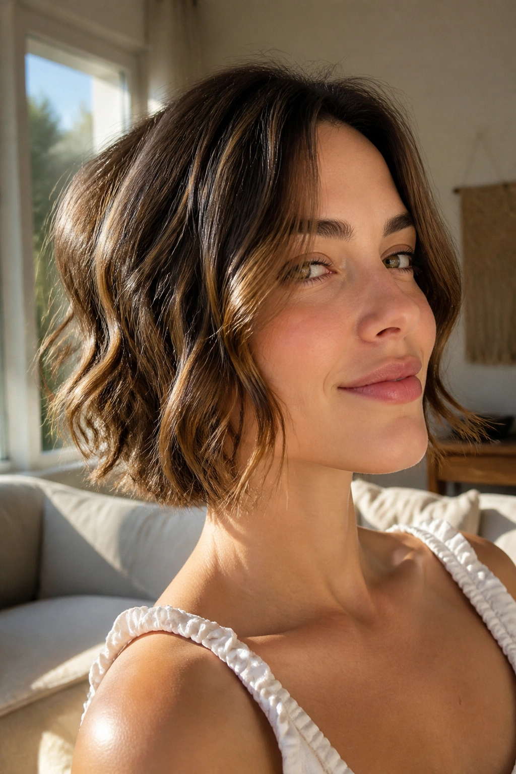 Close-up of a real woman with loose waves in a bob.