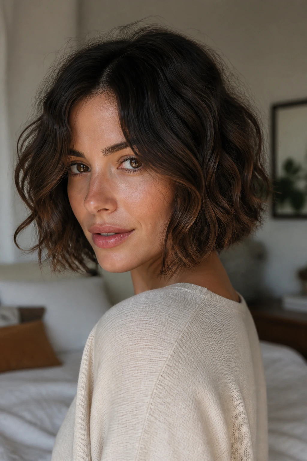 Close-up portrait of a real woman with a wavy bob in natural light.