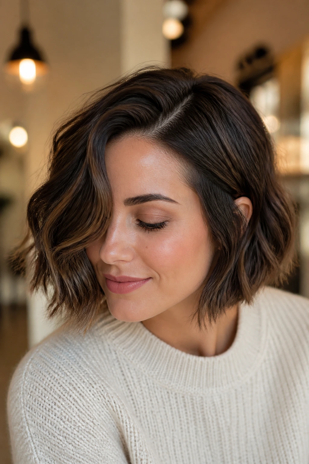 Close-up of a real woman with a wavy bob and an S-curve part.