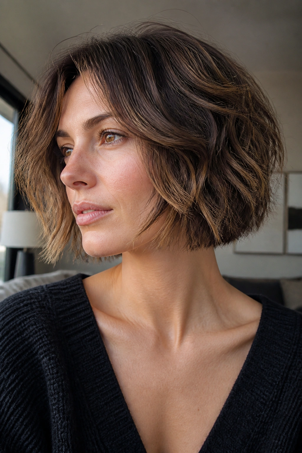 Close-up of wavy bob with shattered layers on a real woman