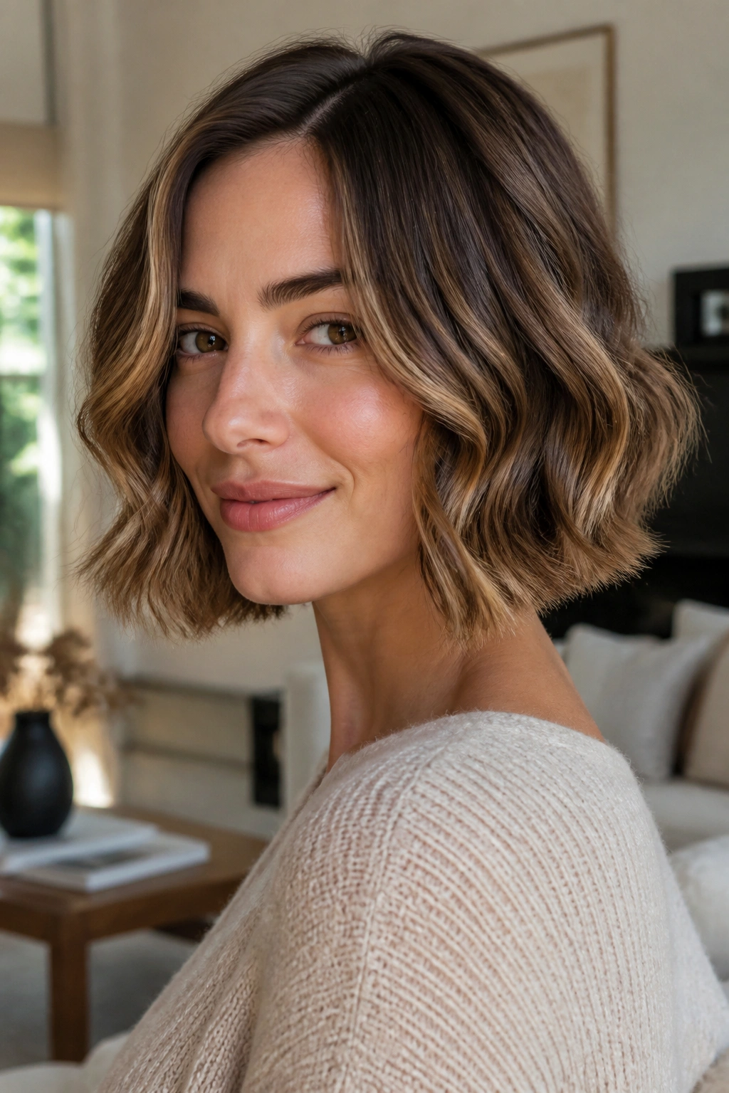 Close-up of a real woman with a wavy bob and soft bend.