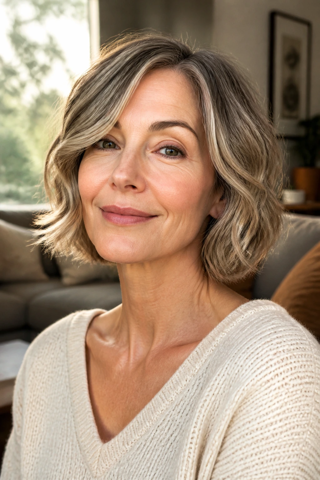 Close-up portrait of a real woman with a wavy bob and soft bends in natural light.