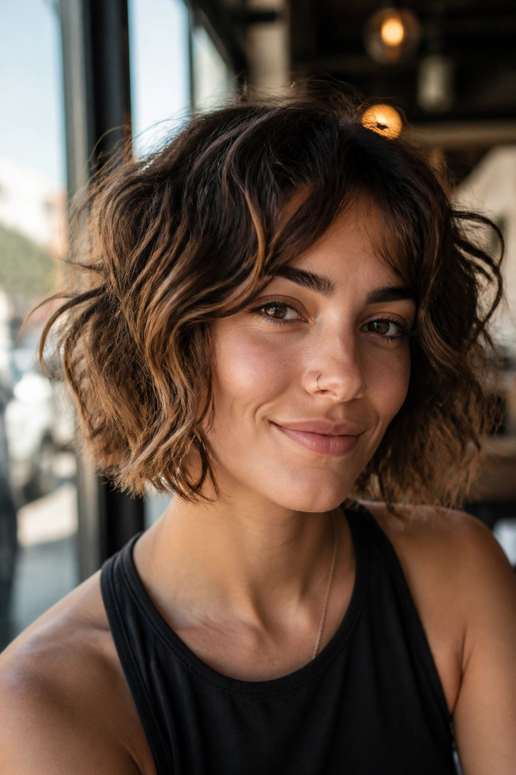 Close-up of a real woman with natural waves in a choppy bob at a cafe.