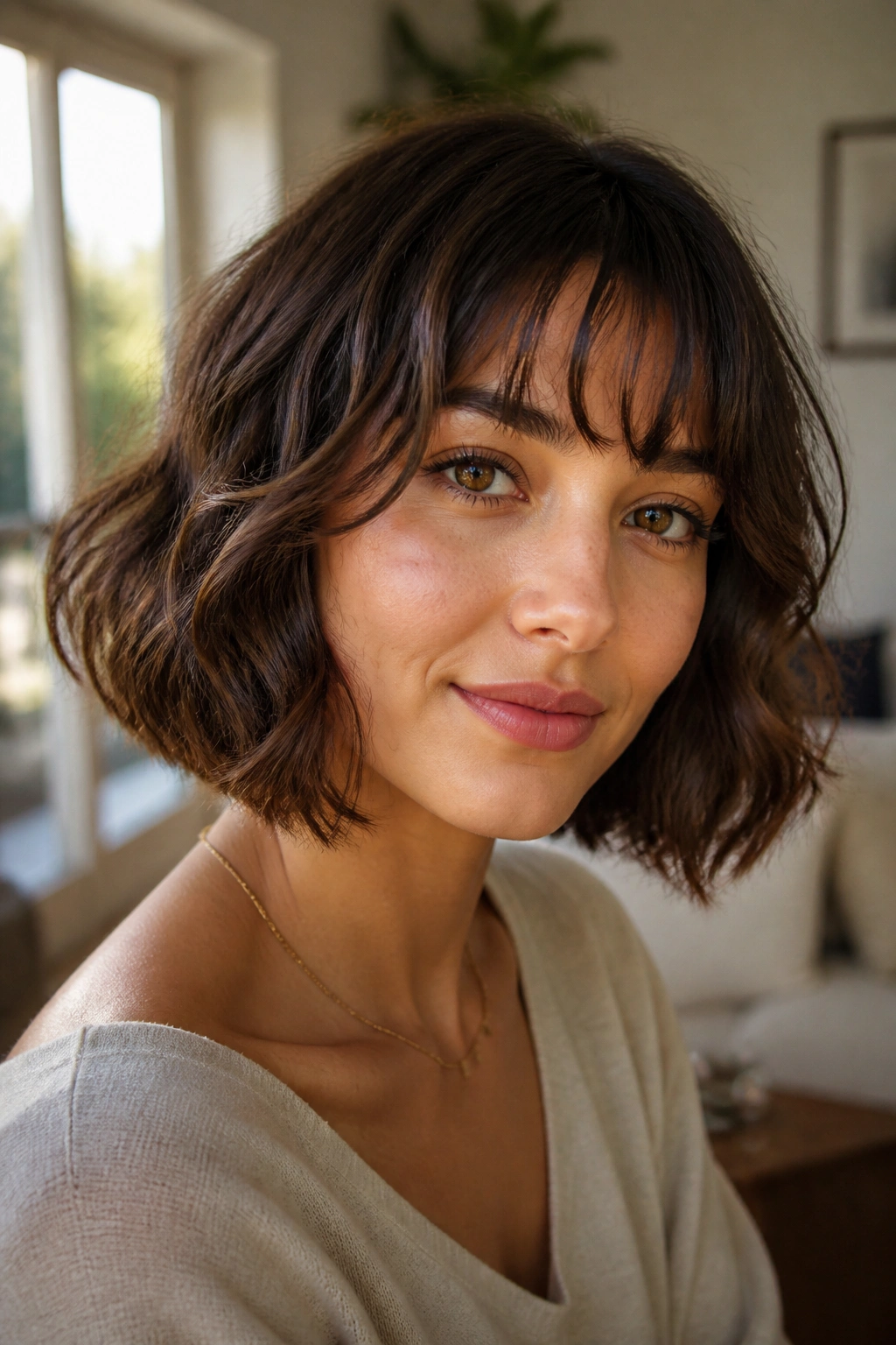 Close-up of a real woman with a wavy bob and wispy bangs in a sunlit living room