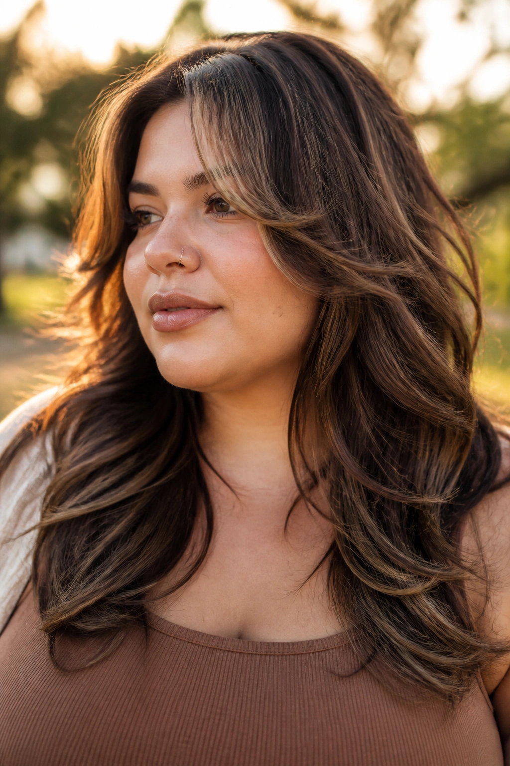 Close-up portrait of a real woman with a wavy butterfly cut and cheekbone movement, outdoors.
