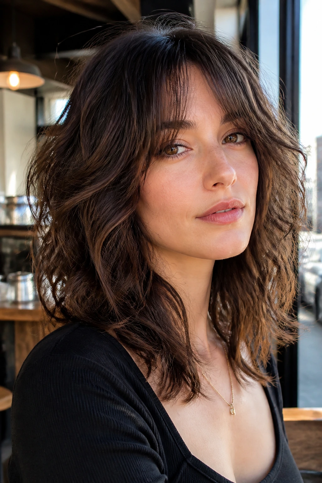 Close-up portrait of a real person with wavy butterfly wolf cut and piecey ends