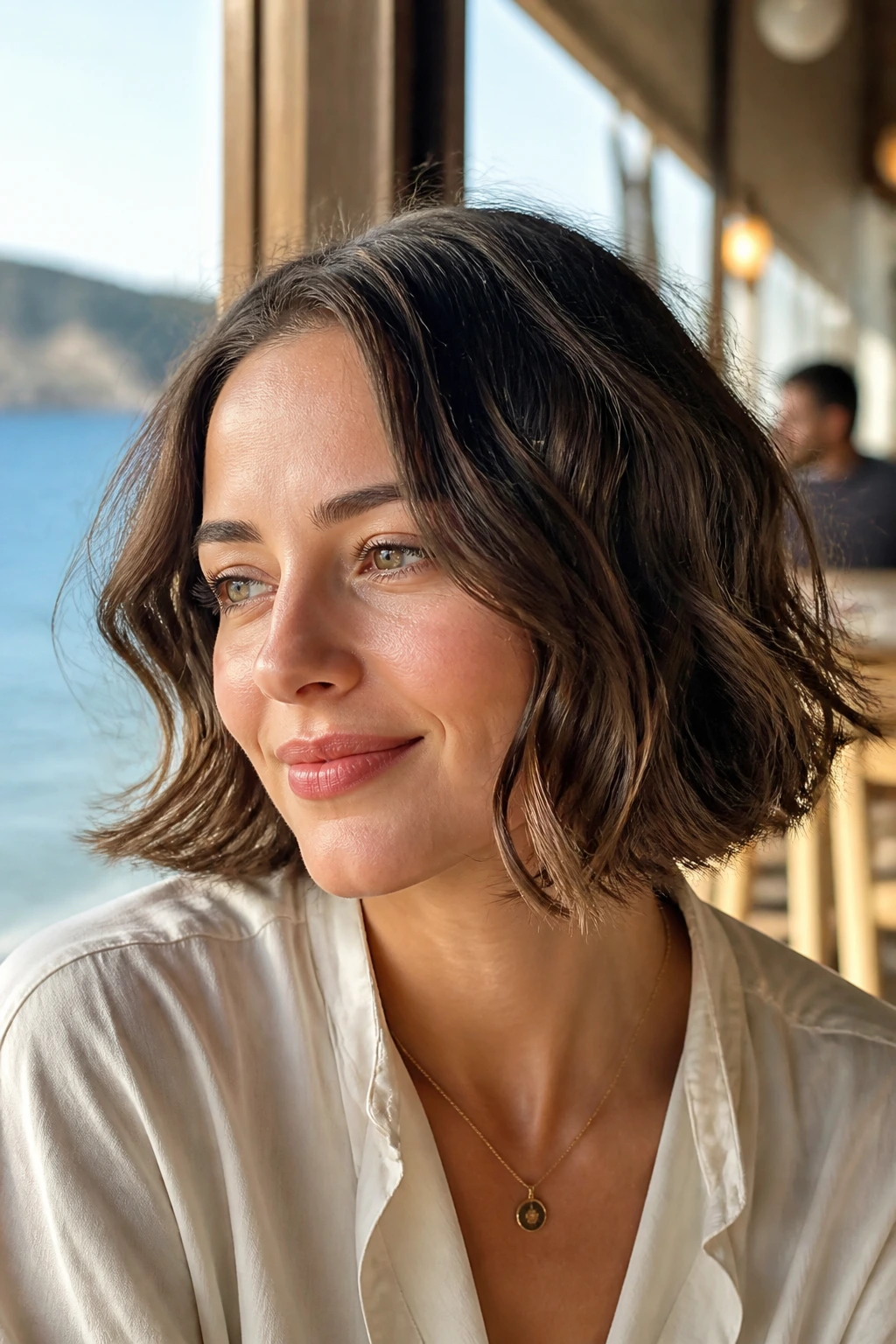 Close-up of a real woman with wavy chin bob bent ends at a sunny cafe window