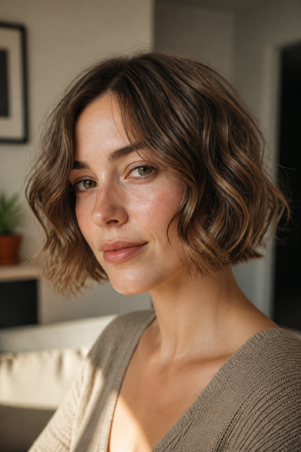 Close-up of a real woman with a wavy chin-length cut in warm window light