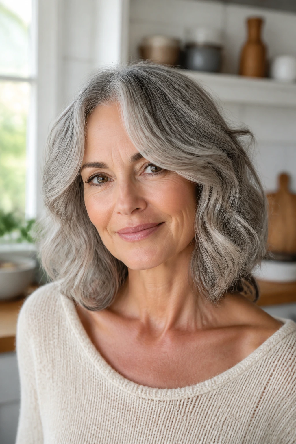 Portrait of a woman with a wavy collarbone cut and face-framing layers in gray hair