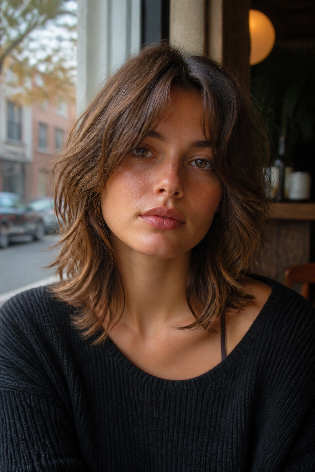 Close-up of a real person with a wavy collarbone wolf cut and loose ends in a cafe window light.