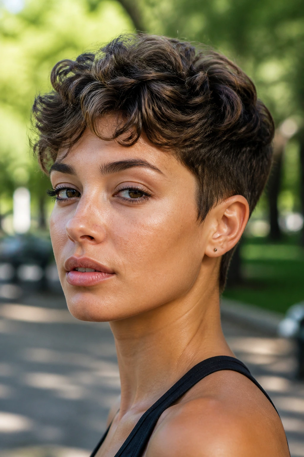 Close-up portrait of a real woman with a wavy crop hairstyle outdoors