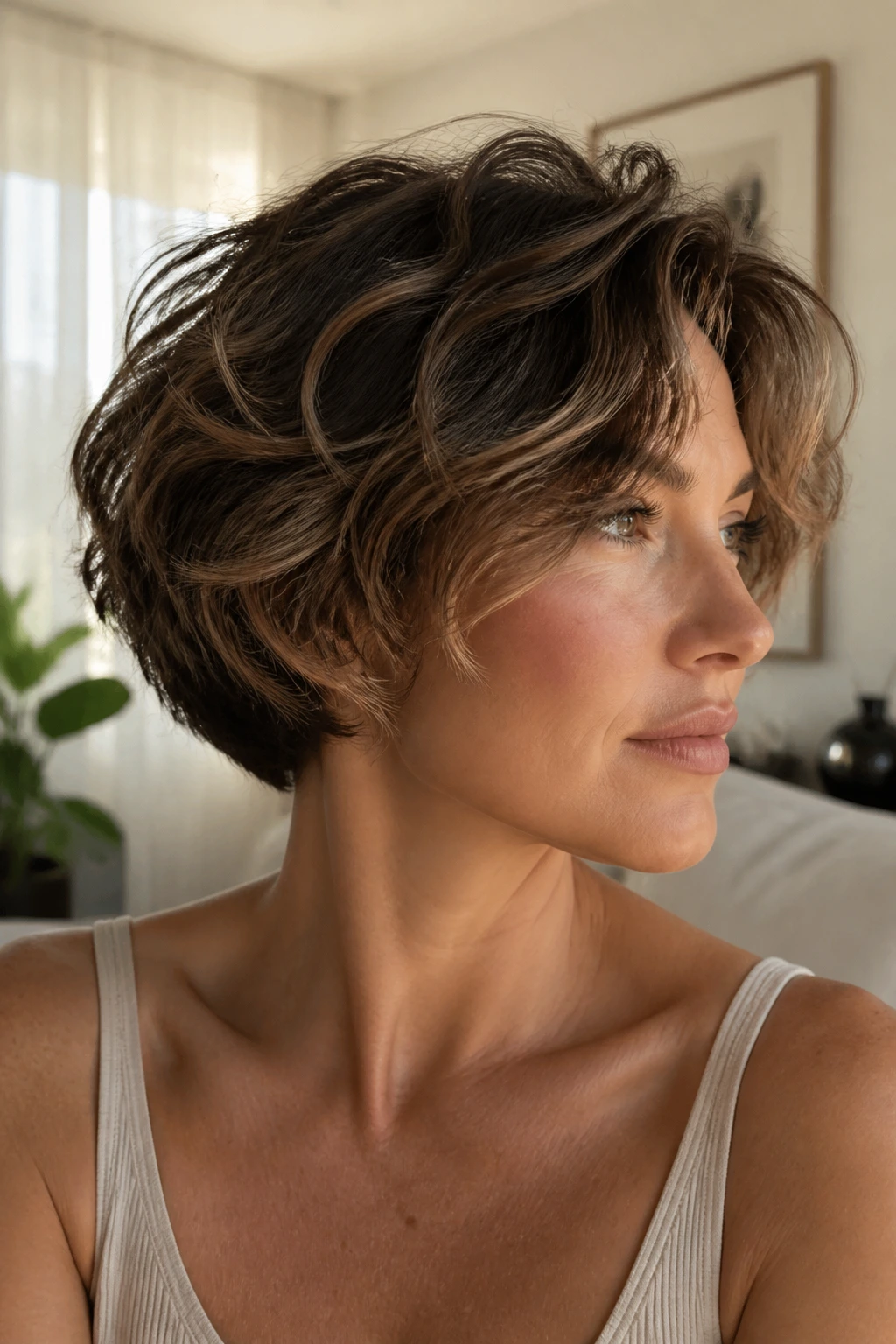 Close-up portrait of a real woman with a wavy crop featuring invisible layers under natural window light