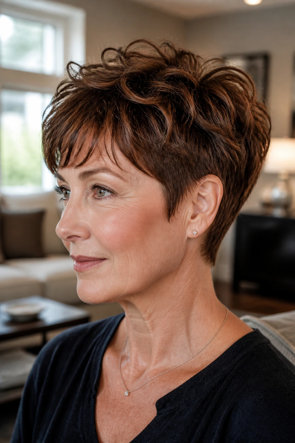 Close-up portrait of a real woman with a wavy crop and tapered neck