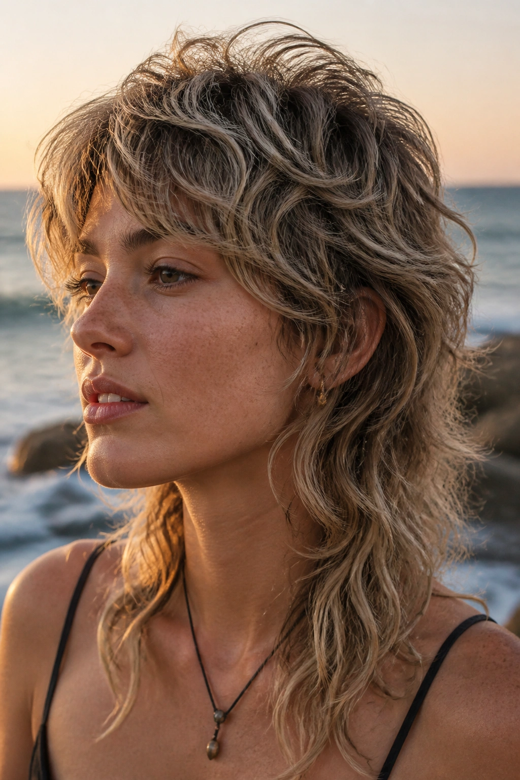 Close-up portrait of a real woman with wavy mullet and heavy crown texture at the beachside