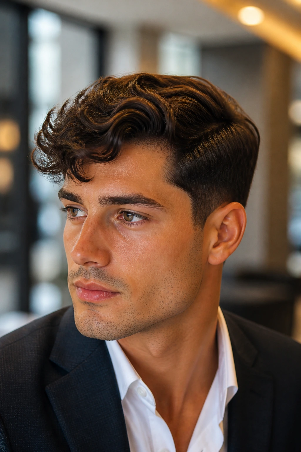 Close-up of a man with a wavy-curly comb over hairstyle.