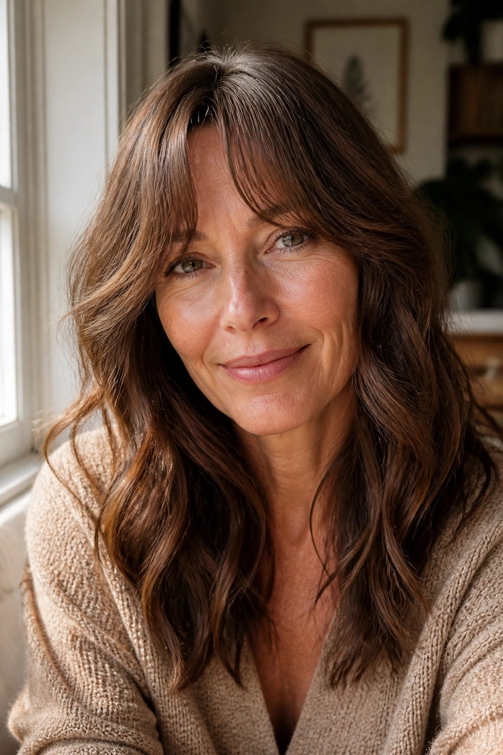 Real woman with wavy air-dry curtain bangs in a sunlit room