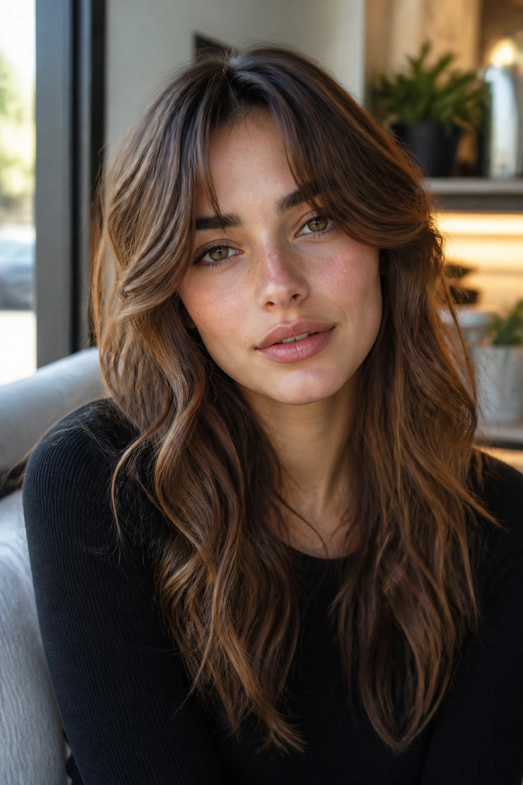 Close-up of a real woman with wavy air-dried curtain bangs in natural light