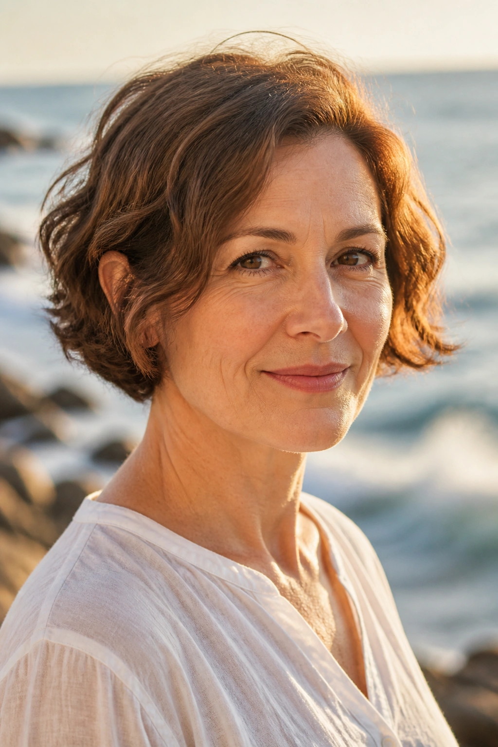 Close-up of a woman with a wavy ear-grazing bob at the seaside.