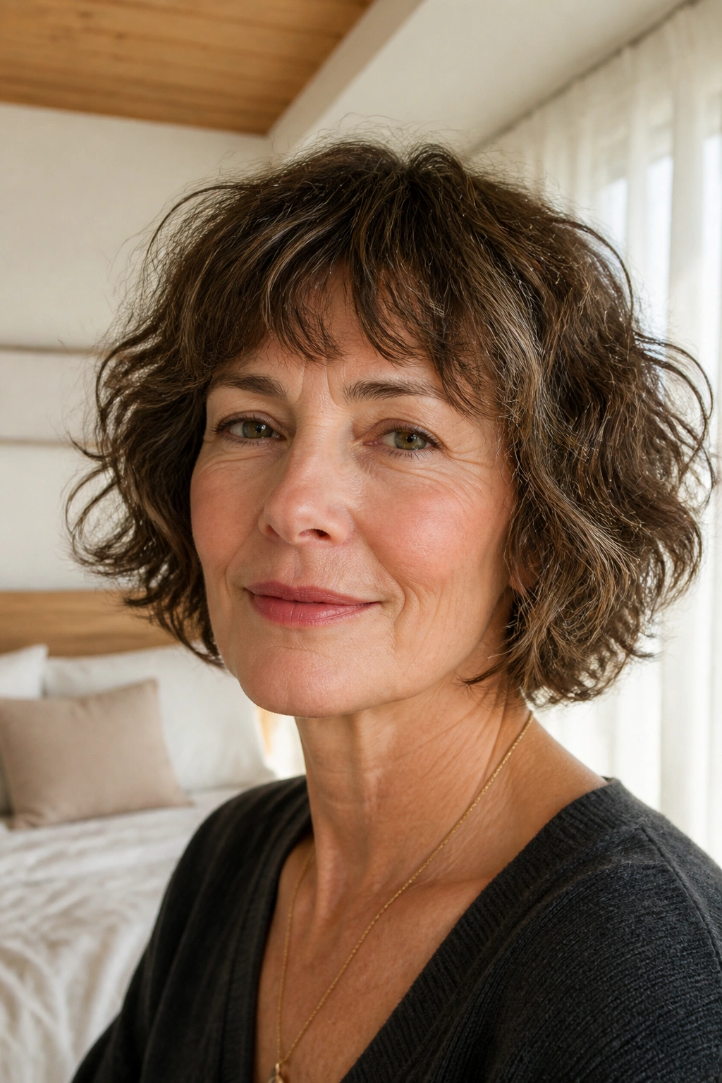 Close-up of a woman with wavy air-dried French bob in sunlit room
