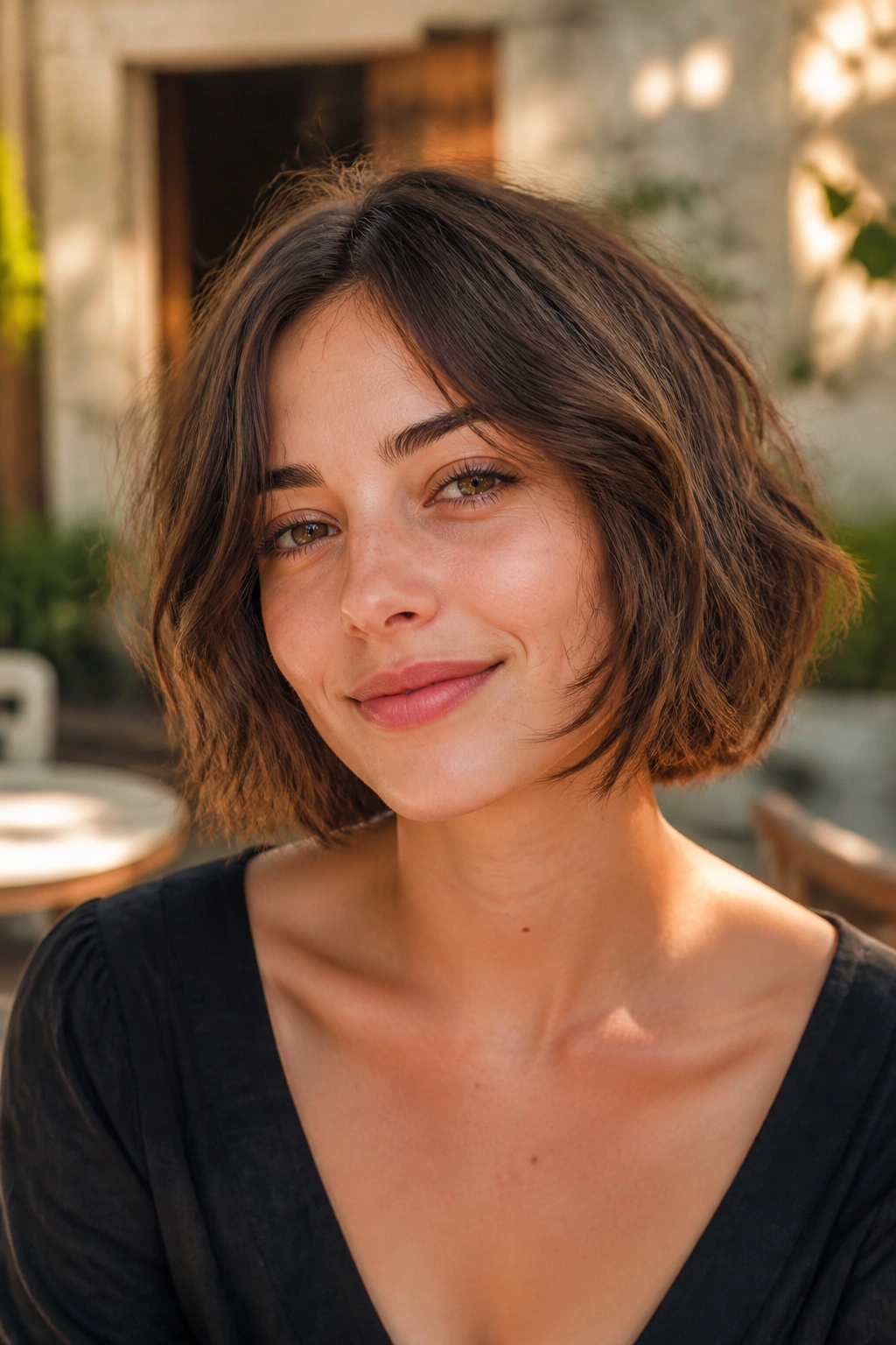 Close-up portrait of a real person with wavy air-dried French bob in natural light.
