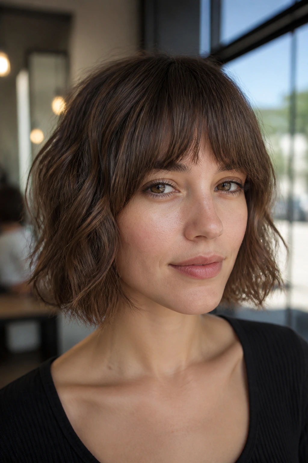 Close-up of a real woman with wavy French bob and bottleneck bangs in a modern salon