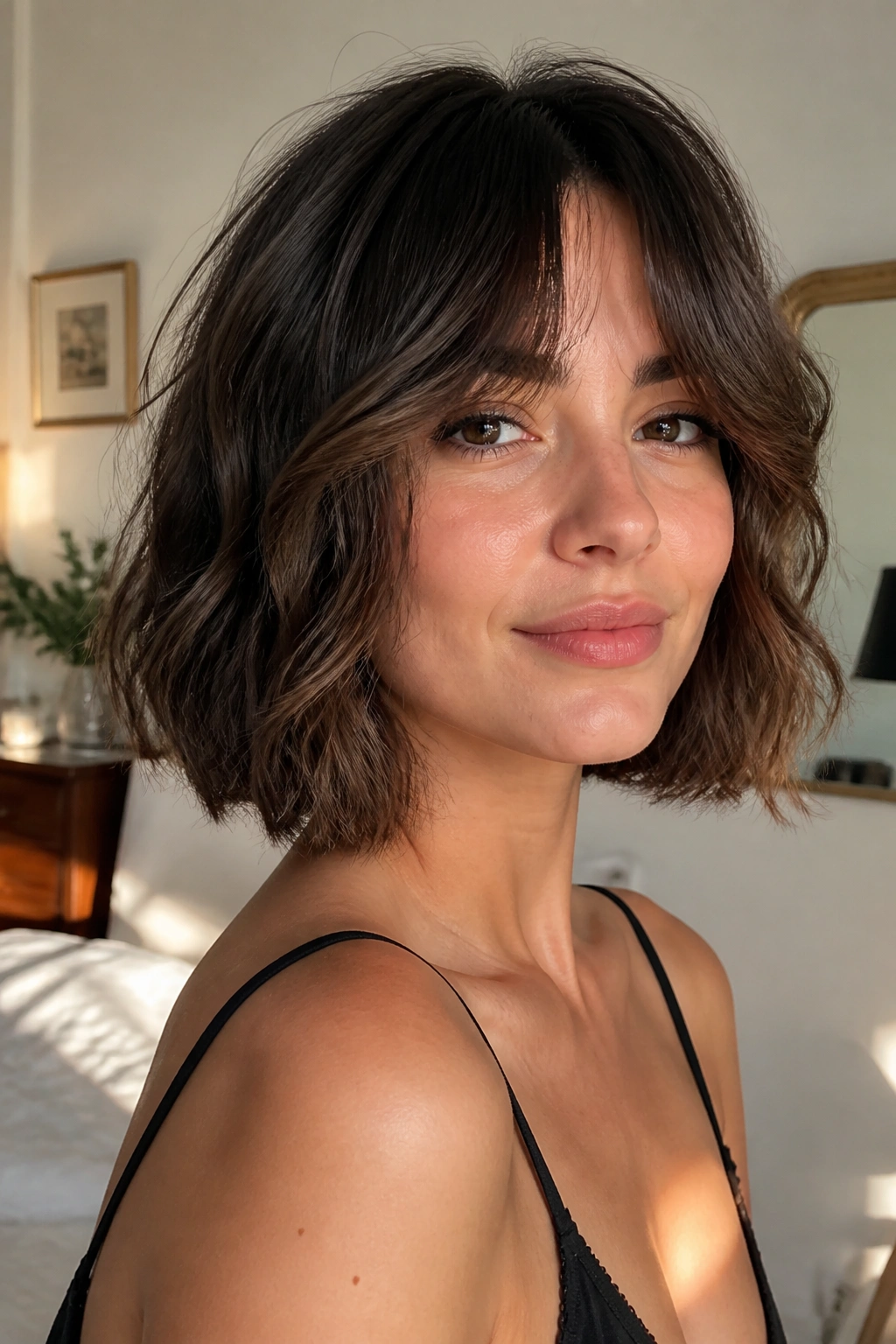 Close-up of a woman with a wavy French bob and curtain bangs in a sunlit bedroom