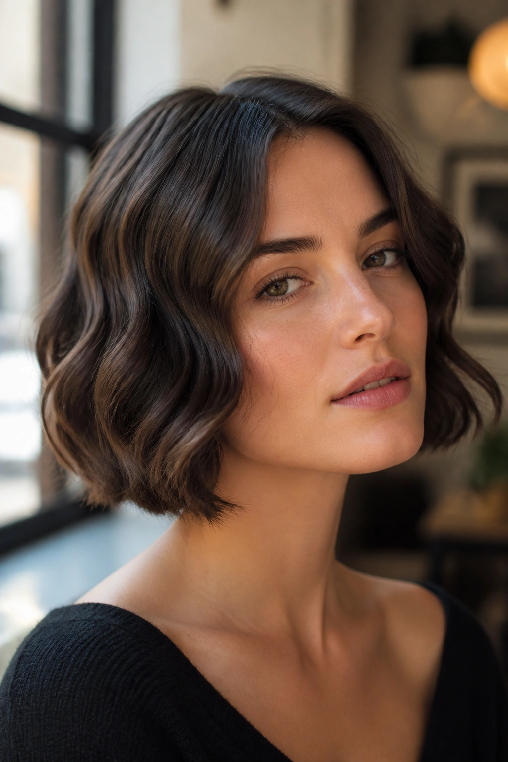 Close-up of a real woman with a wavy French bob showing S-bends in natural light