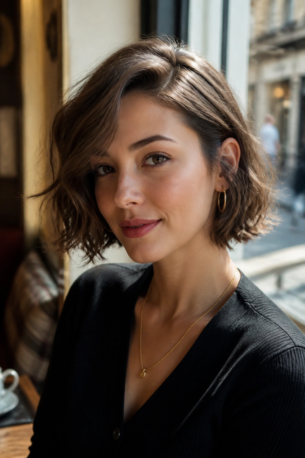 Close-up of a real woman with a wavy French bob and airy side sweep