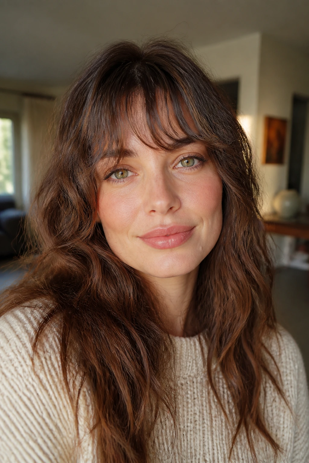 Close-up of a real woman with a broken-up wavy fringe framing the forehead