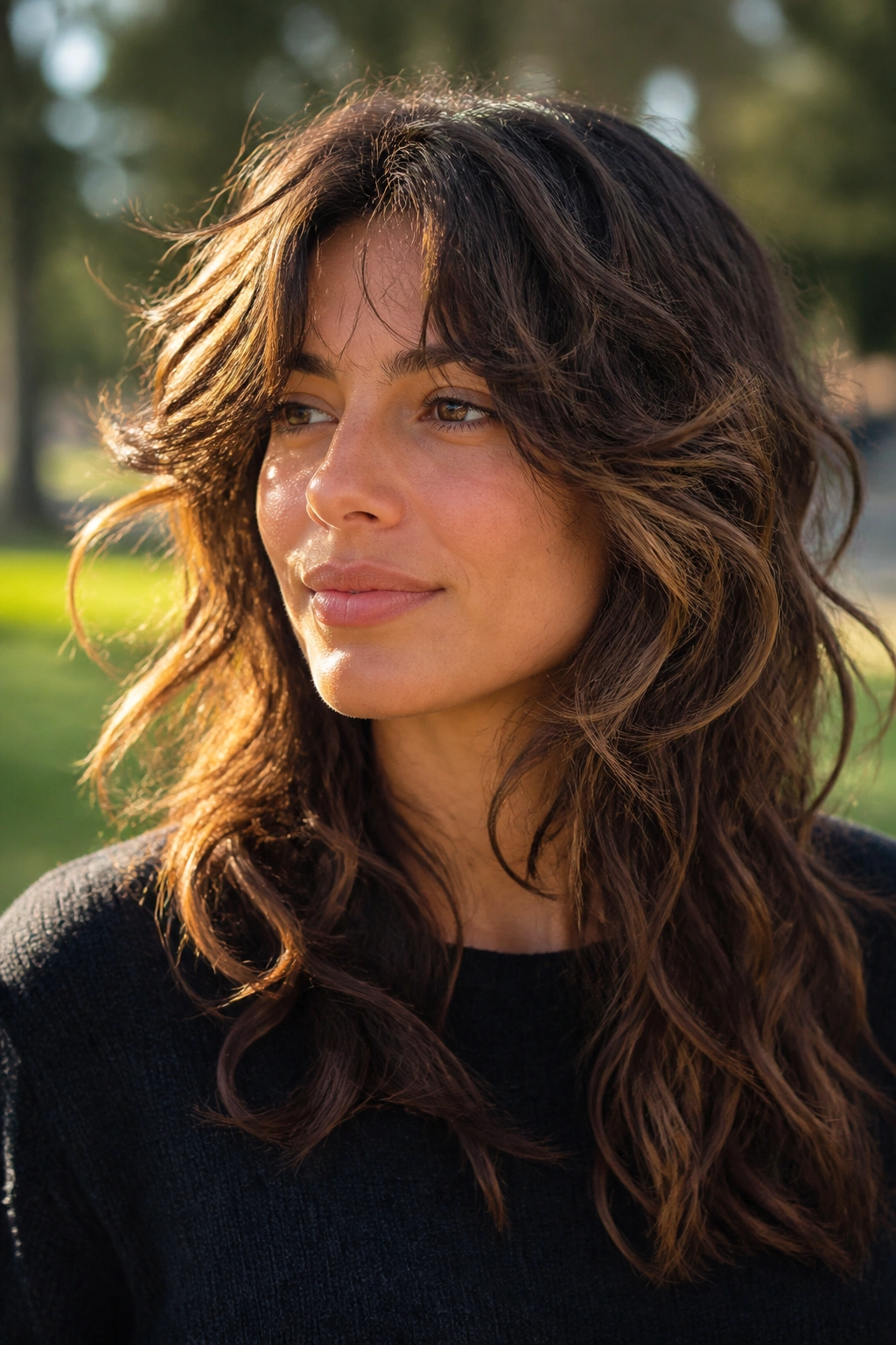 Close-up of a real person with thick, wavy hair in choppy layers