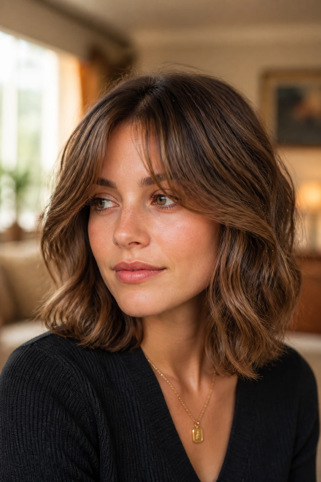 Close-up of a real person with a wavy mid-length haircut and curtain bangs in warm window light