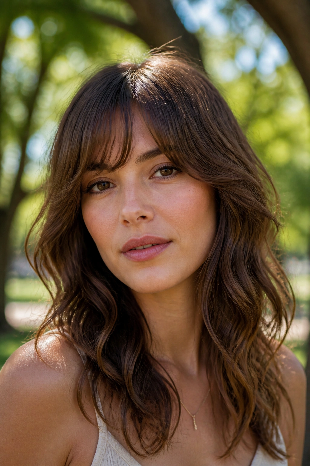 Close-up of a real person with wavy hair and feathered bangs with a loose bend