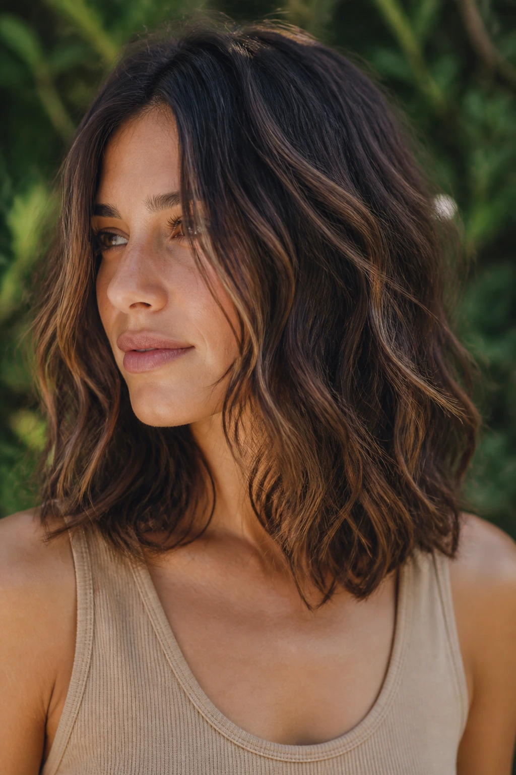 Close-up of a real woman with shoulder-length waves and mid-length layers