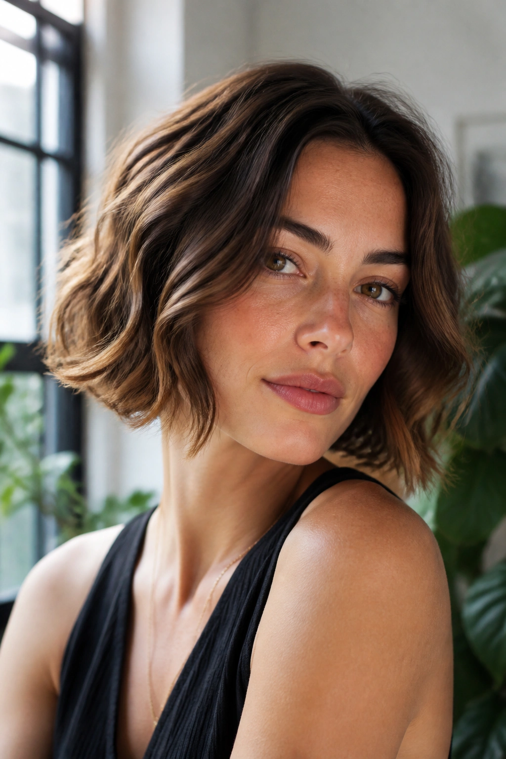 Real woman with wavy Italian bob and soft bend at mid-lengths