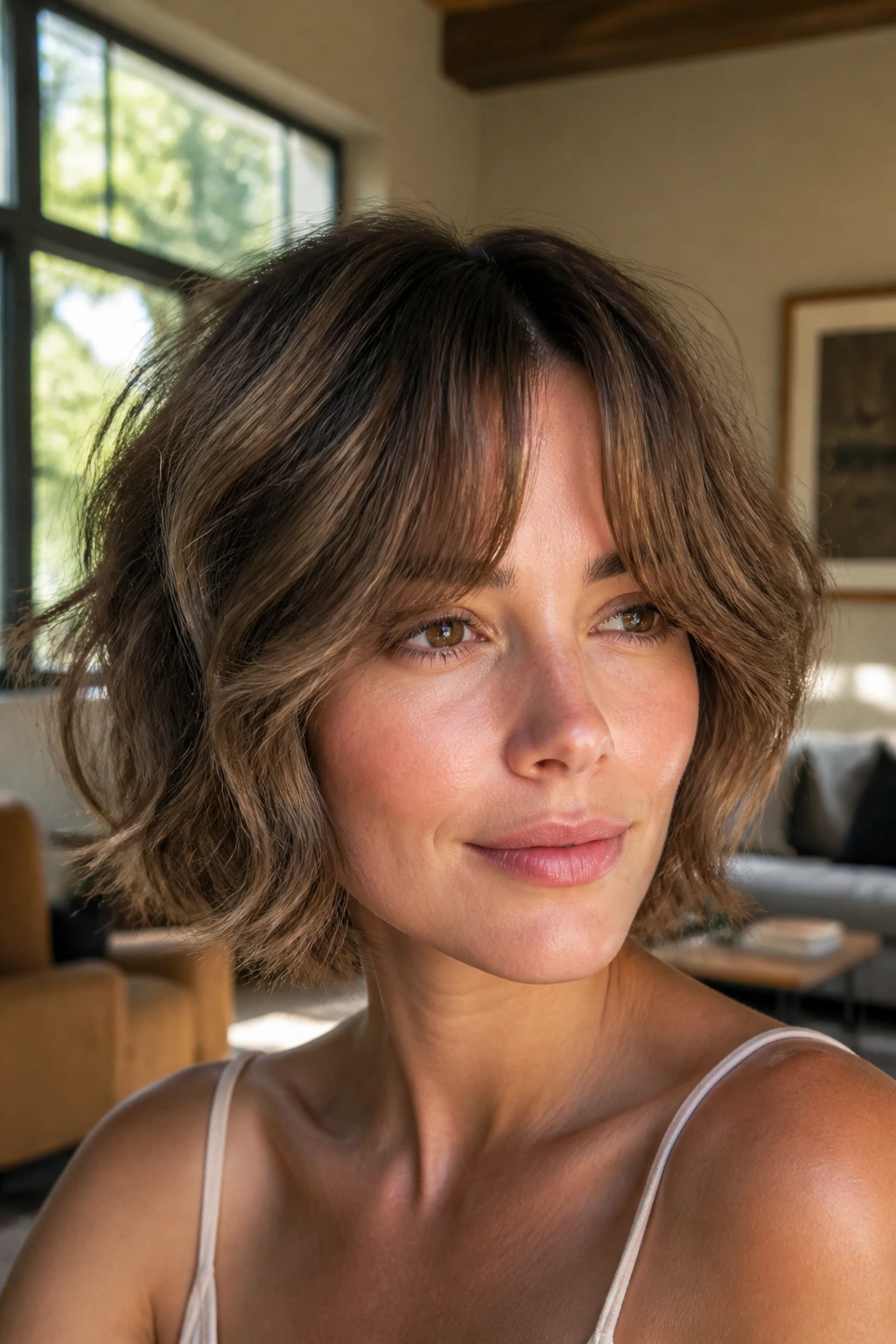 Close-up of a real woman wearing a wavy layered bob with curtain bangs
