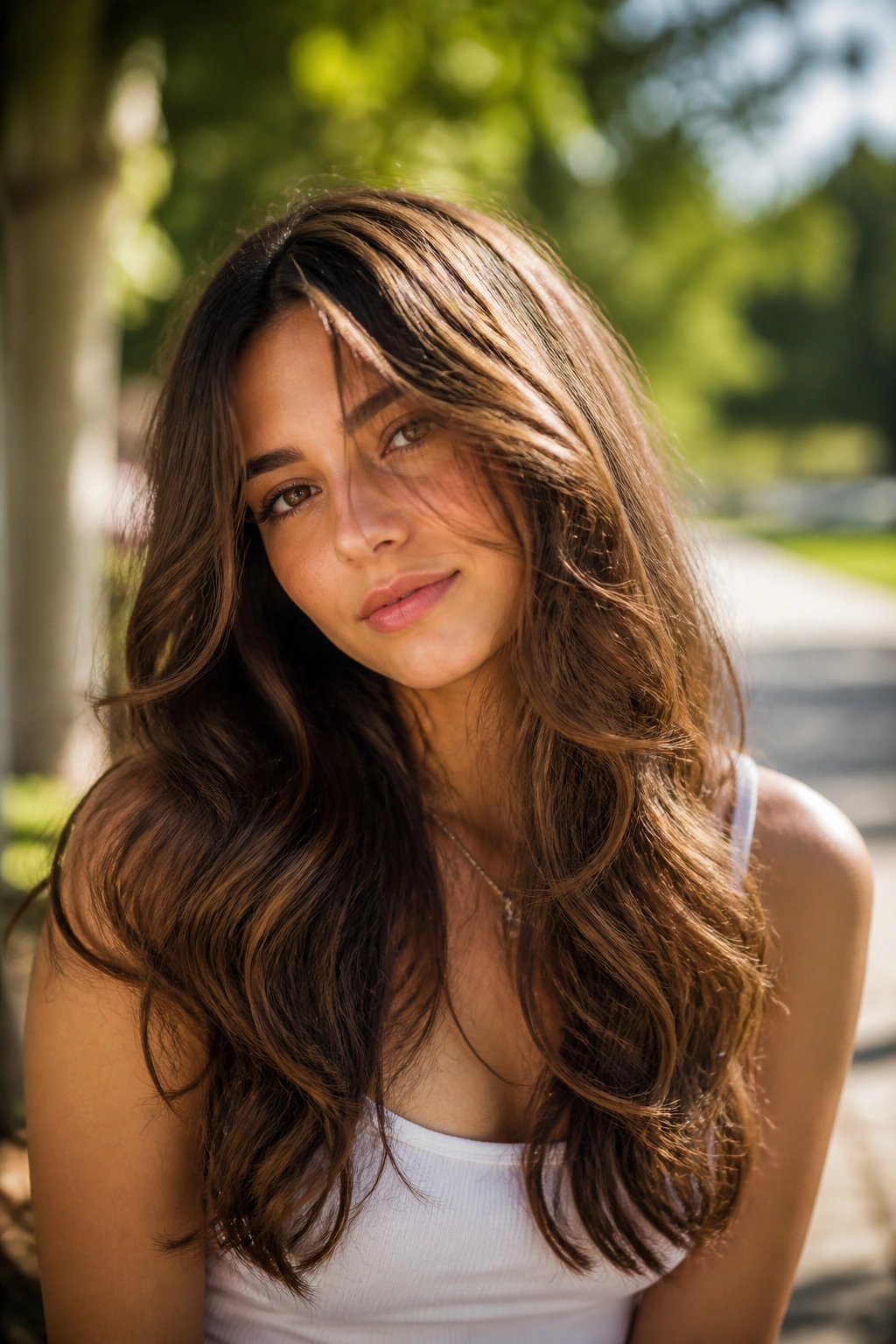 Medium close-up of a real woman with long wavy hair and layers that follow the bend, outdoors in a sunlit park.