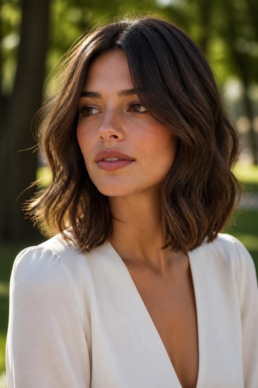 Close-up portrait of a real woman with a shoulder-length wavy lob and barely-there layers in park sunlight