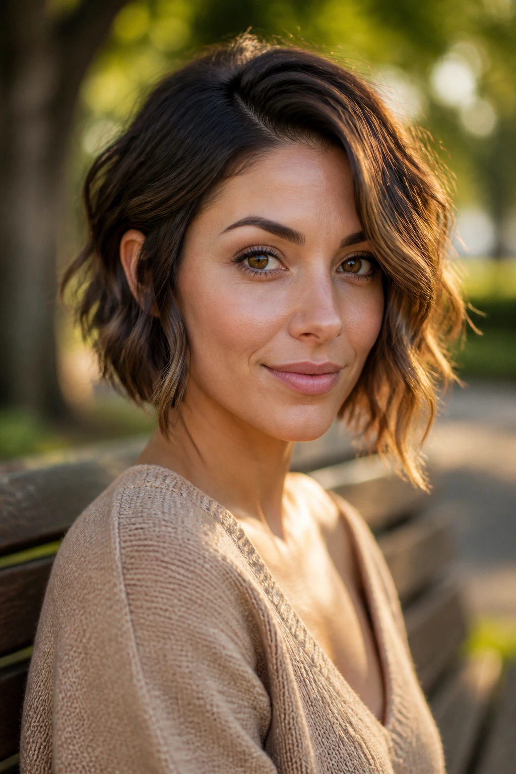 Close-up of a real woman with wavy lob bob and soft face framing waves
