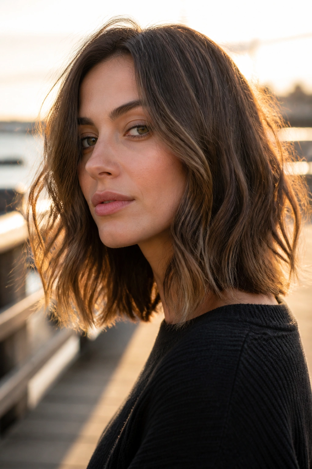 Close-up of a real woman with a wavy lob and broken ends in golden-hour light.