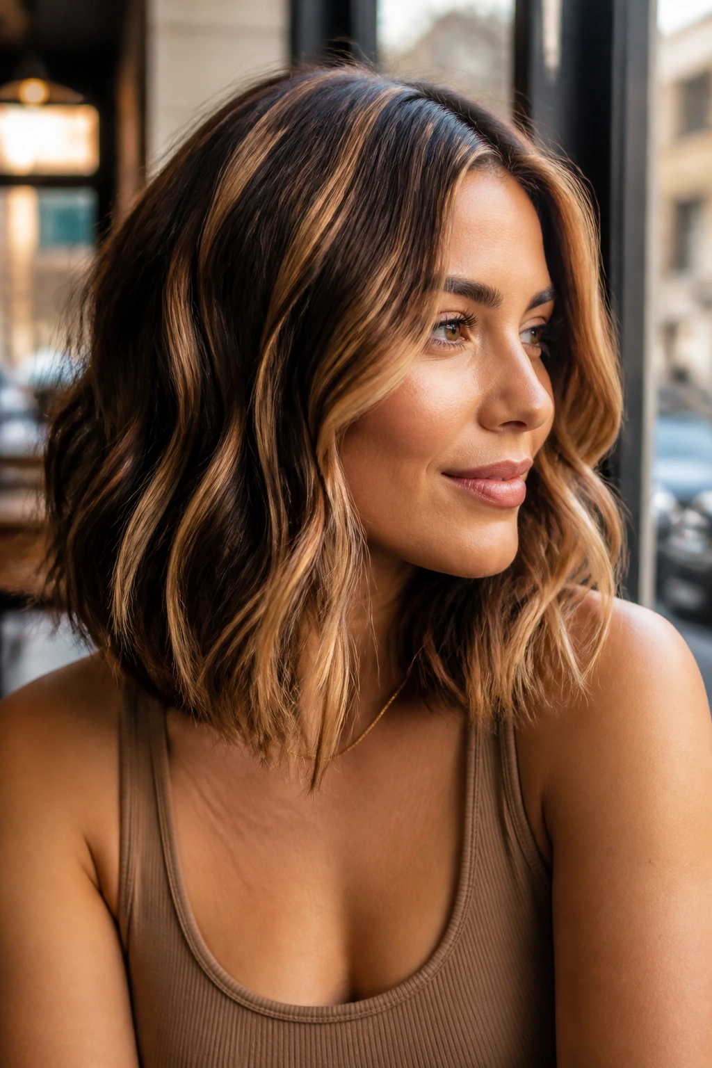 Close-up of a real woman with a wavy lob and thick caramel streaks