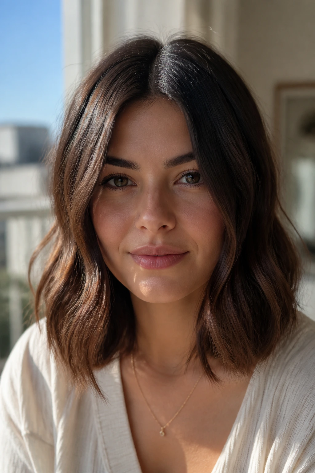 Close-up of a real woman with a center-parted wavy lob.