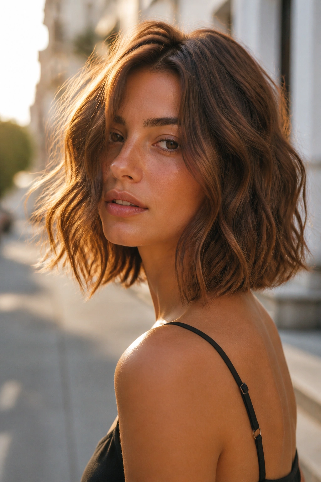 Close-up of a real woman with a shoulder-length wavy lob in sunlit outdoor light.