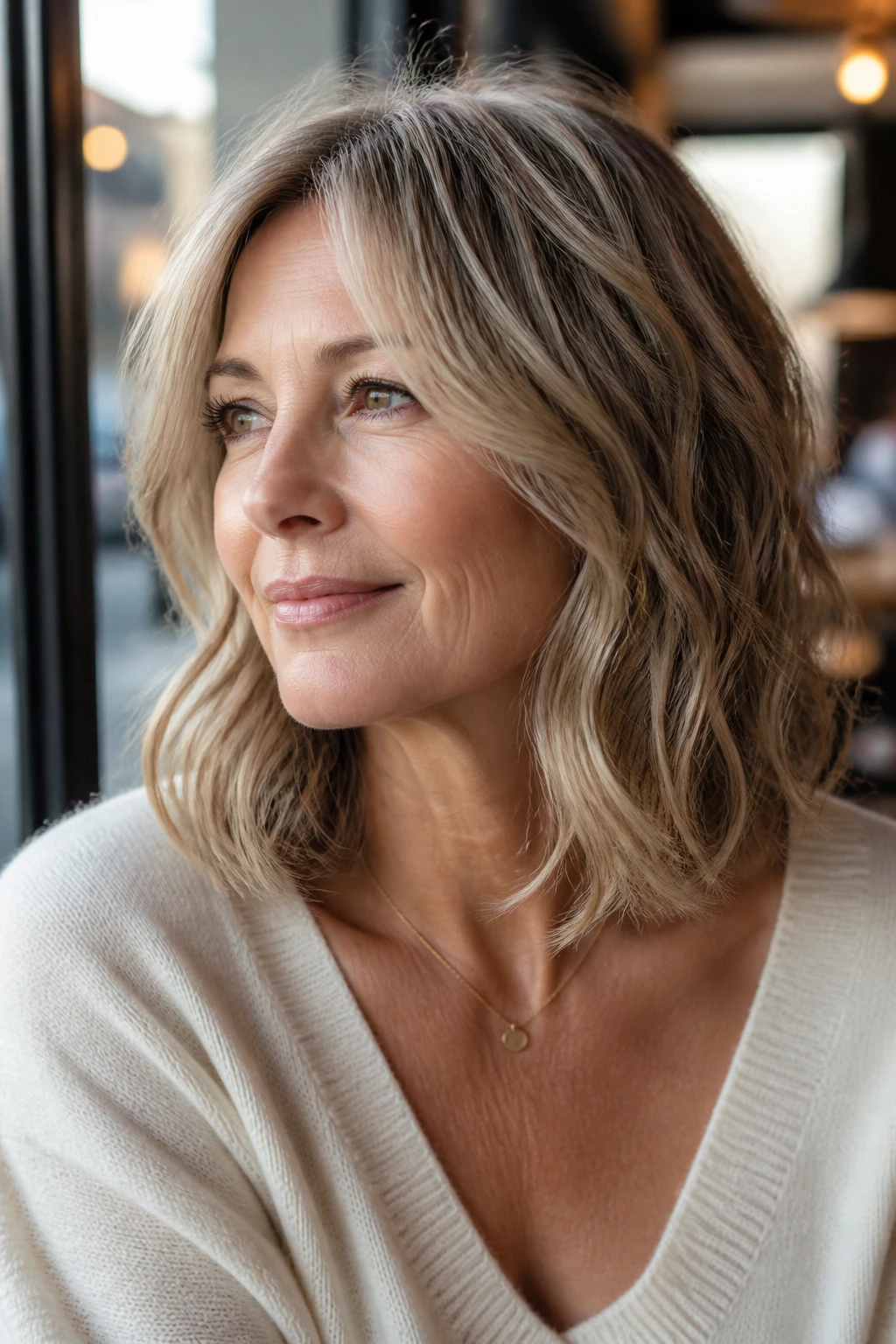 Close-up portrait of a real woman with a wavy collarbone-length lob