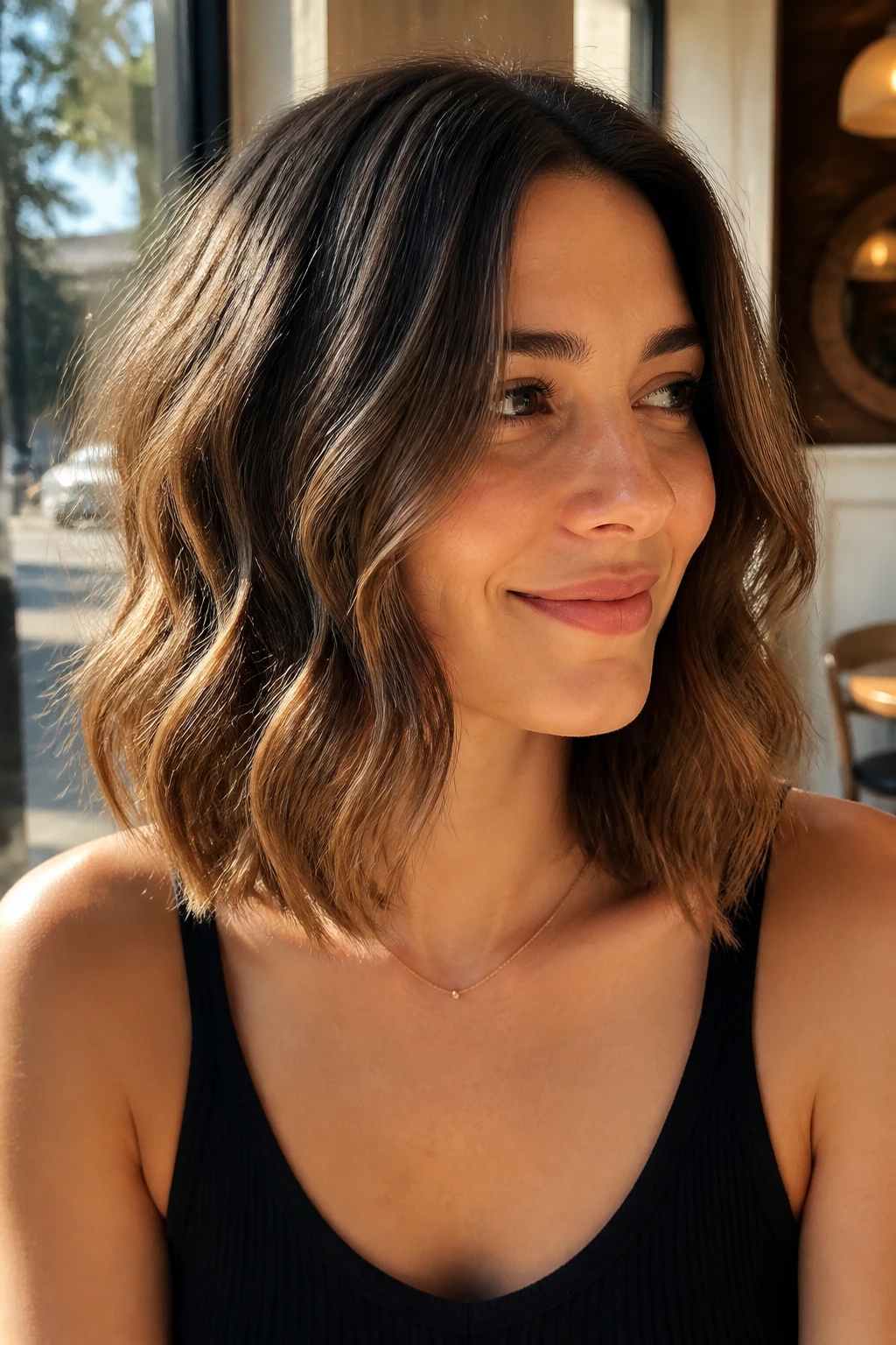 Close-up of a real woman with a relaxed wavy lob at collarbone length in warm window light
