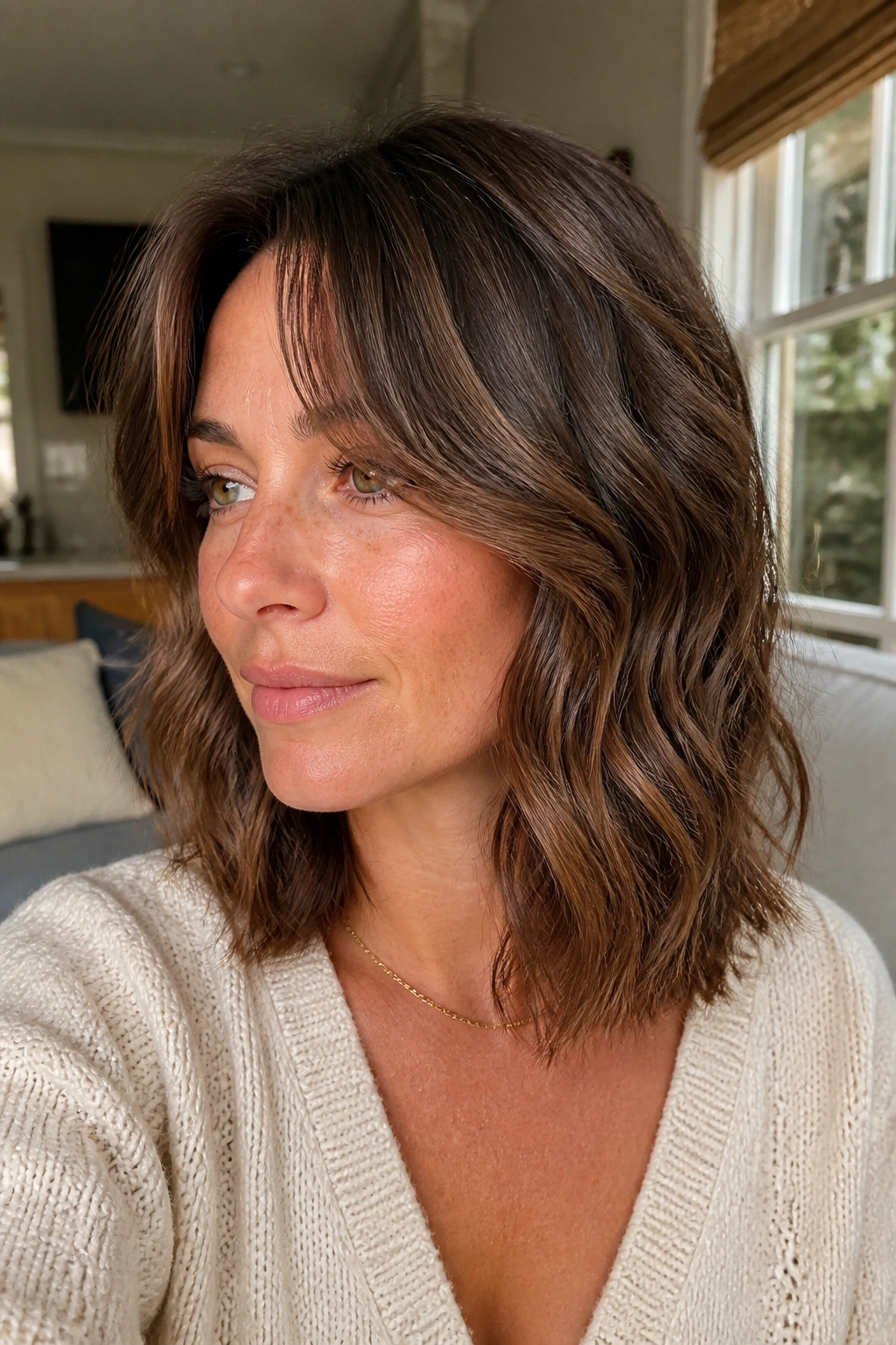 Close-up of real woman with wavy lob and long curtain fringe, natural light