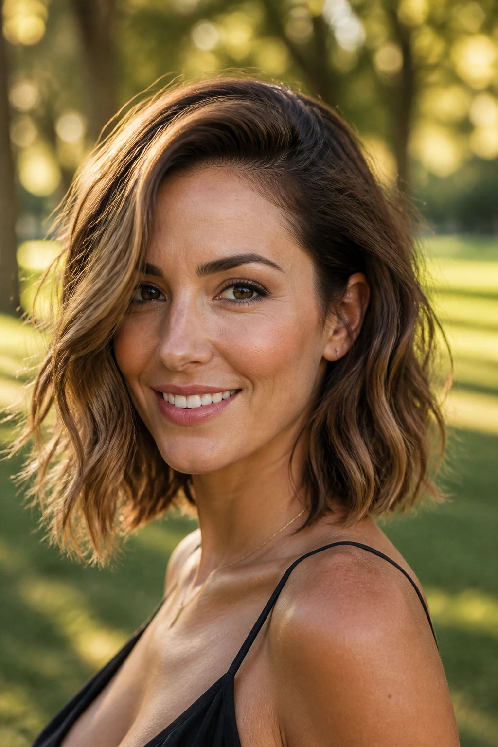 Woman with a wavy lob and deep side part in a park at golden hour