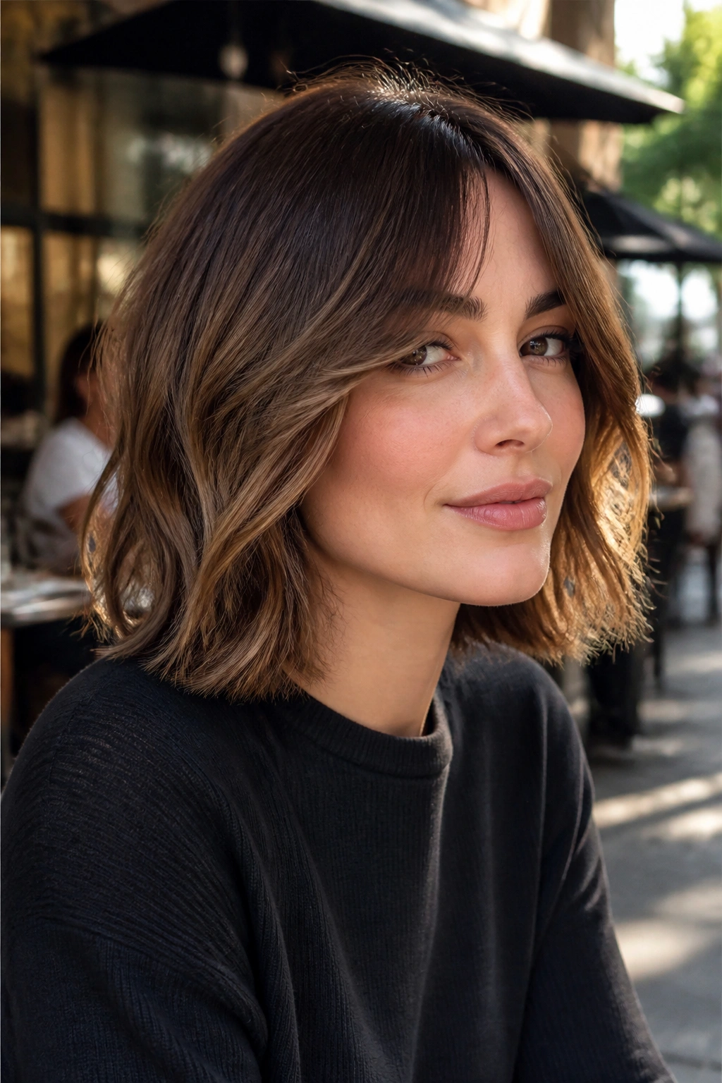 Close-up portrait of a real woman with a wavy lob and swooped face frame